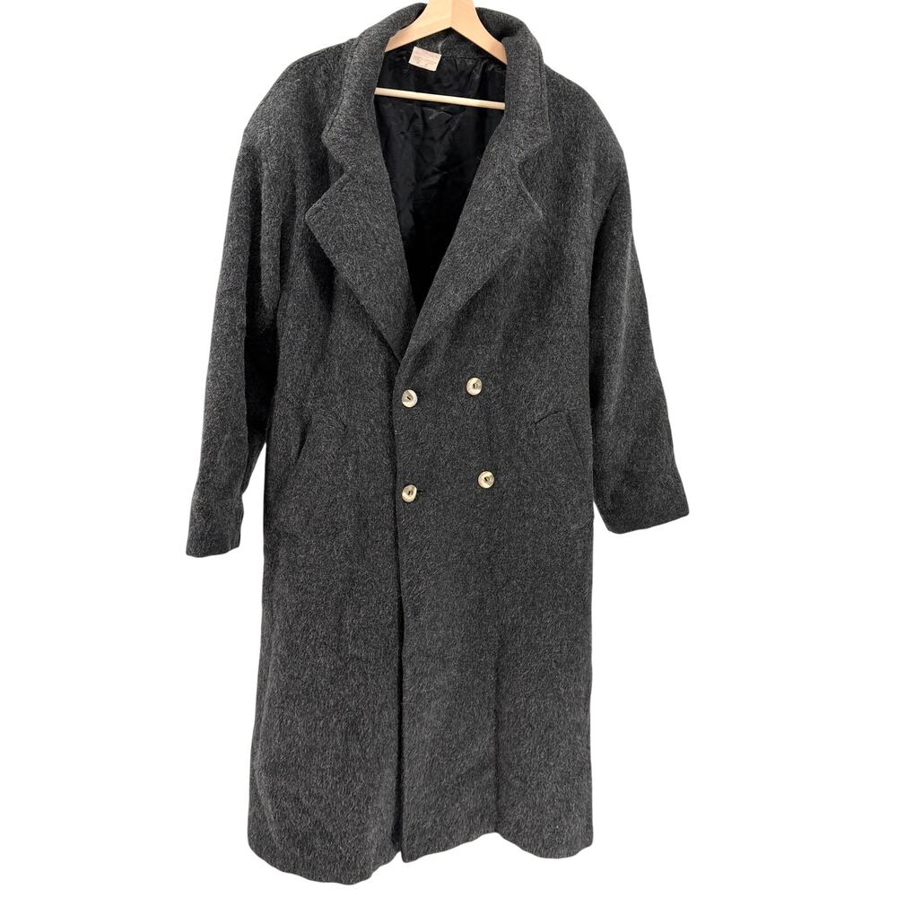 Vintage 80s Le Chateau Charcoal Gray Double Breasted Shoulder Pads Long Overcoat